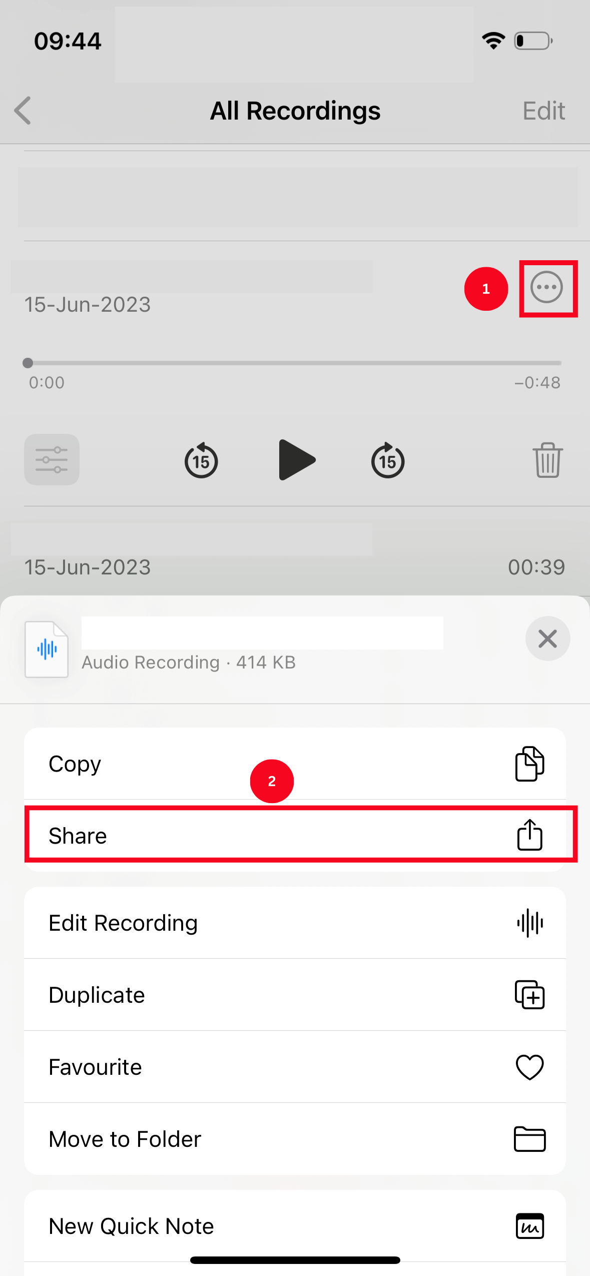 Click the three dots next to the recording and then select share