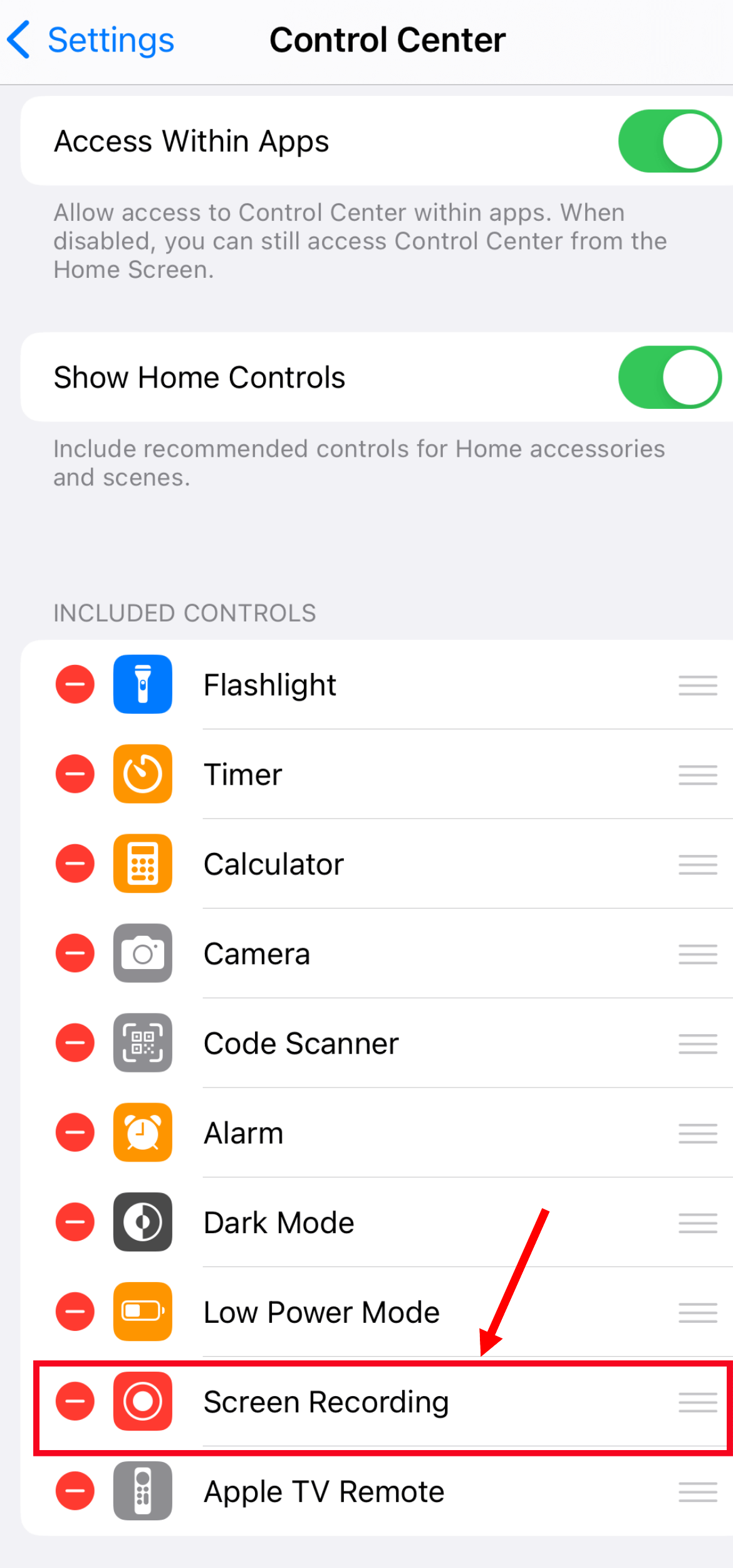 Open iPhone settings and select Screen Recording