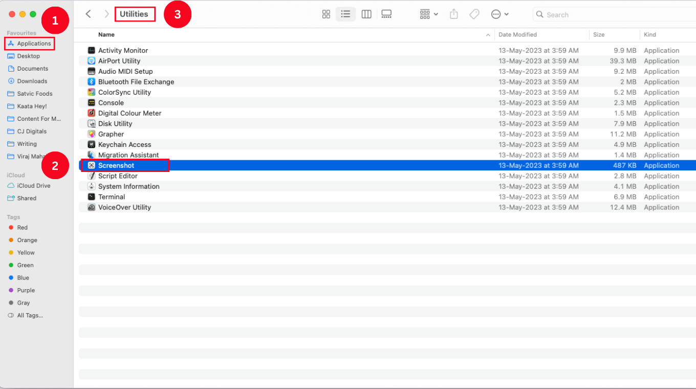 Open Applications, Utilities, and then Screenshot