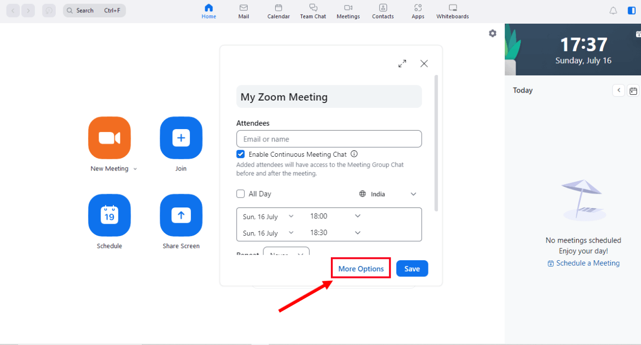 select more options to change other relevant meeting settings