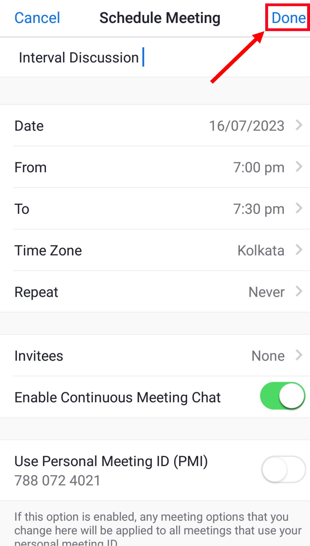 fill in the meeting details and click done