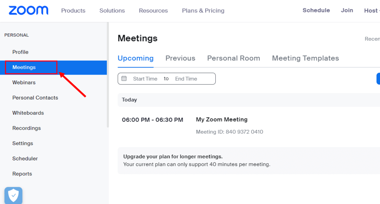 go to Zoom web portal and click meetings