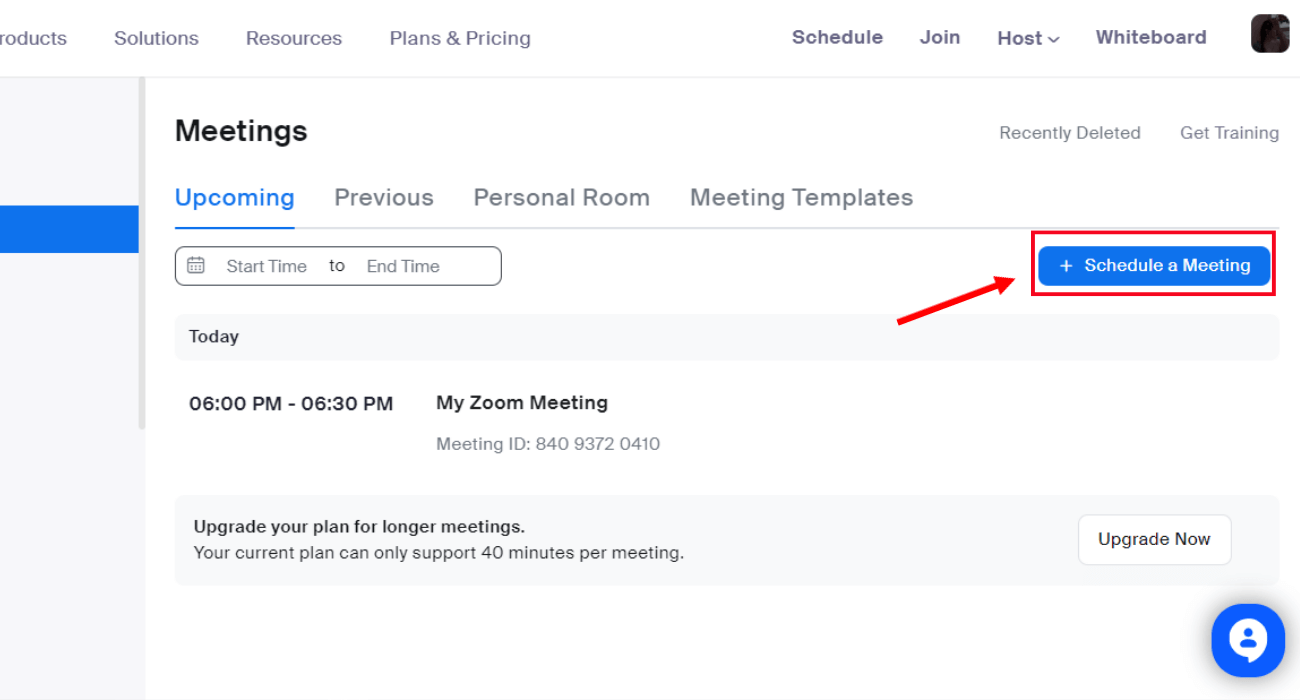 select Schedule a meeting or click schedule
