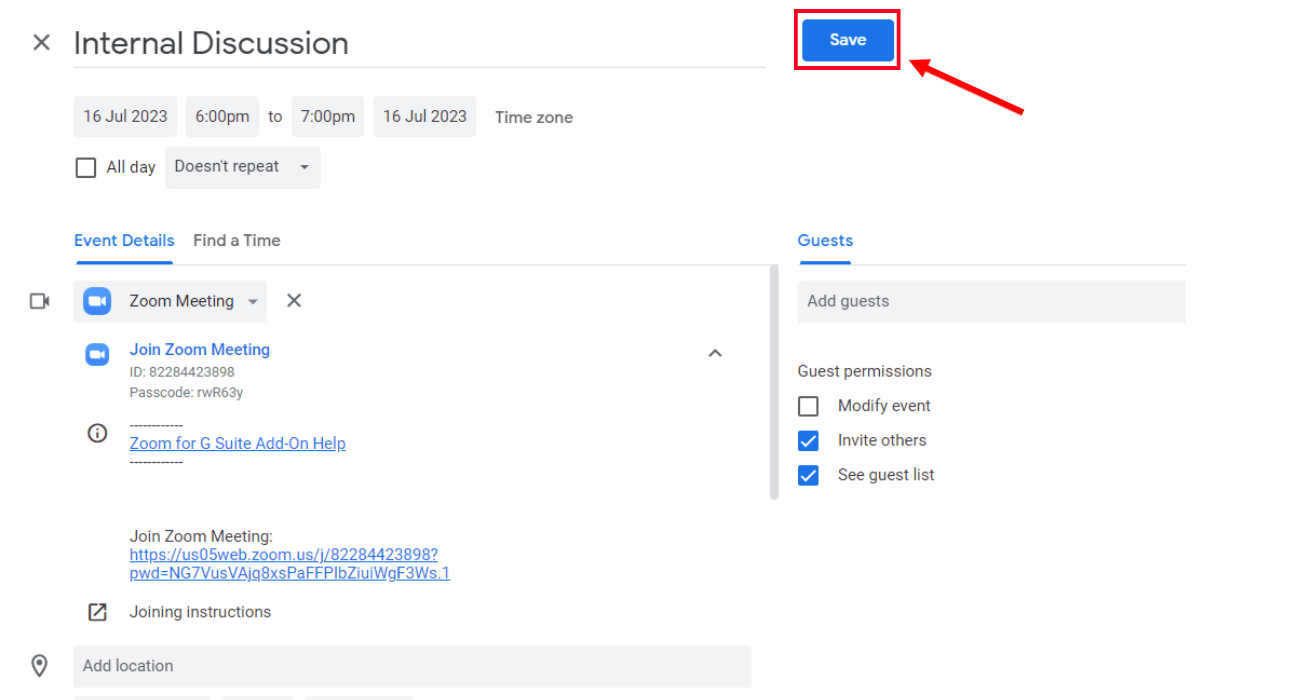 click save to add Zoom meeting to Google Calendar