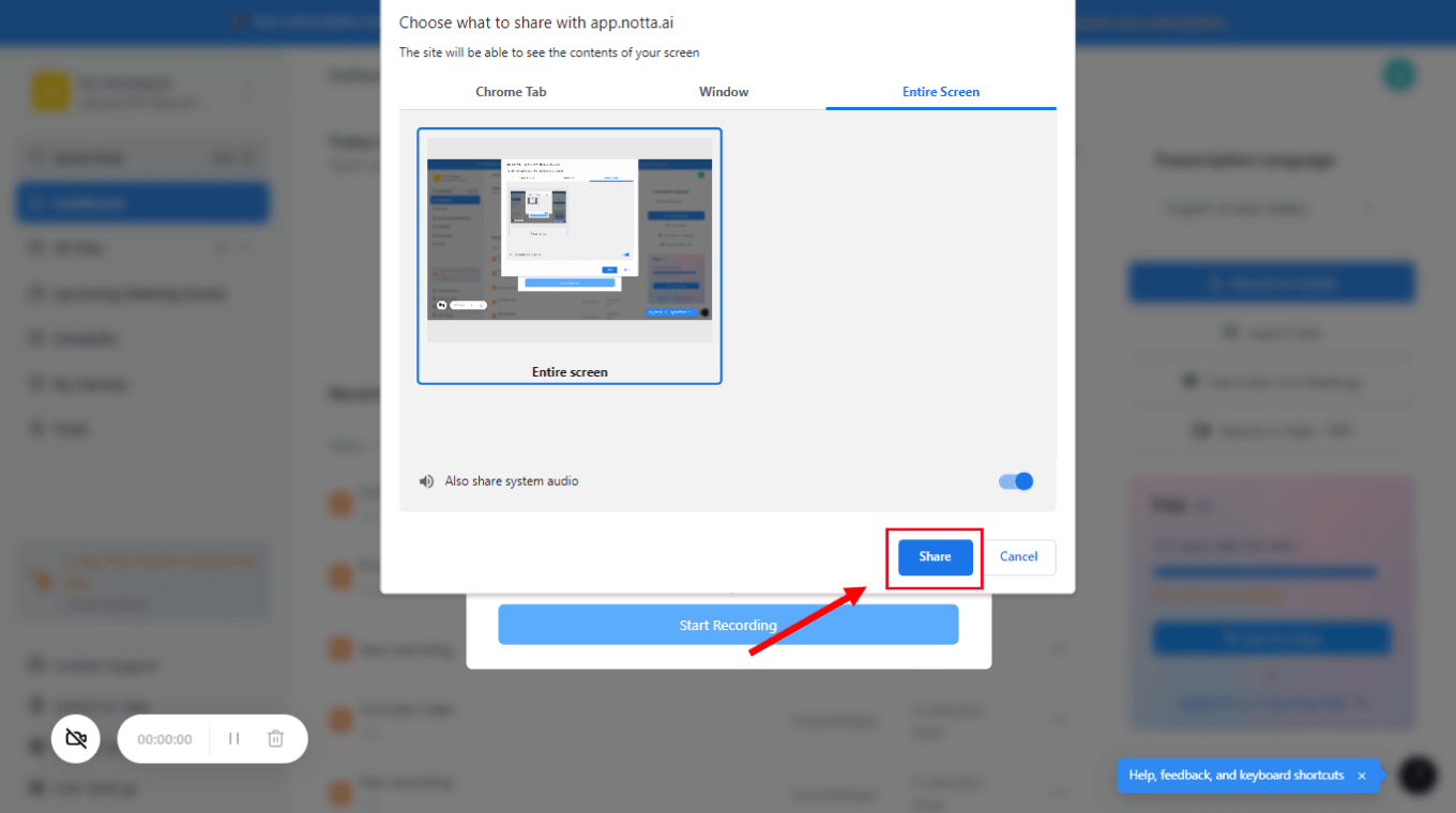 Choose the Entire Screen and select the blue Share button