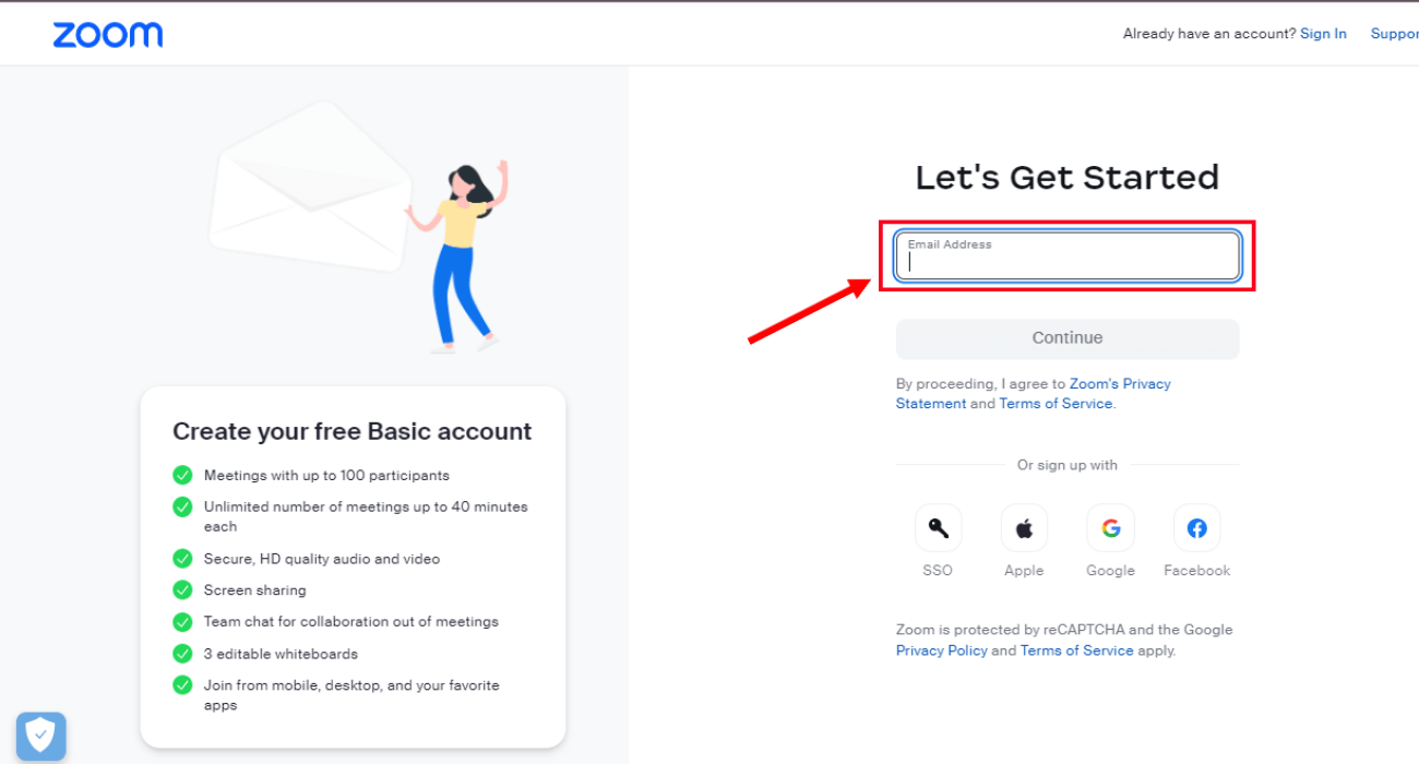 go to Zoom sign up page and fill email address