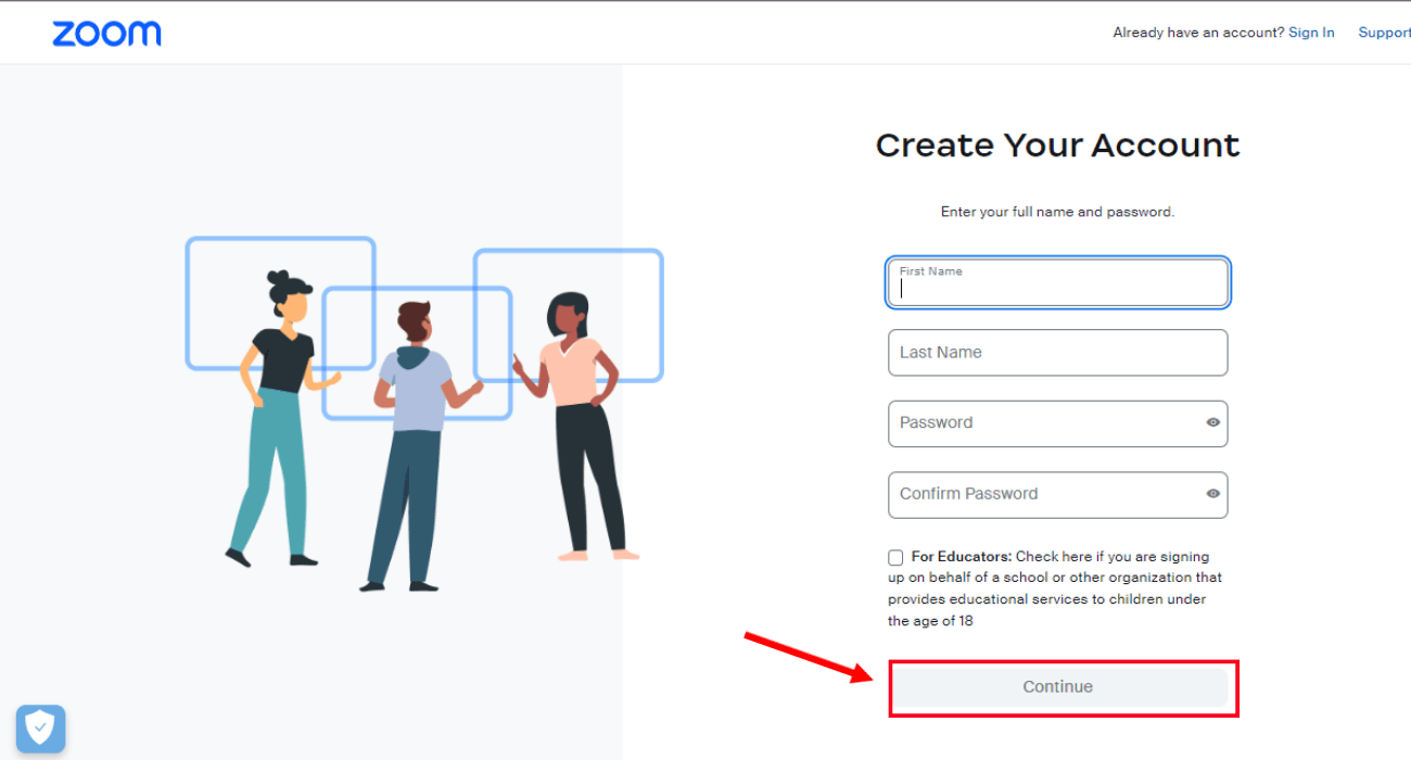 create Zoom account and click continue