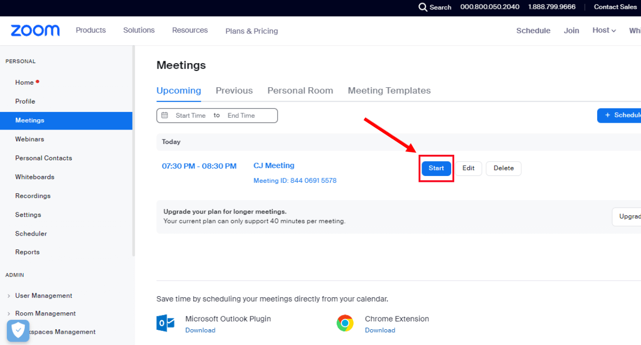 hover over the meeting and select start