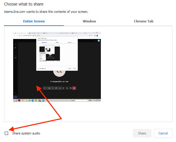 Check the box for ‘Share system audio’
