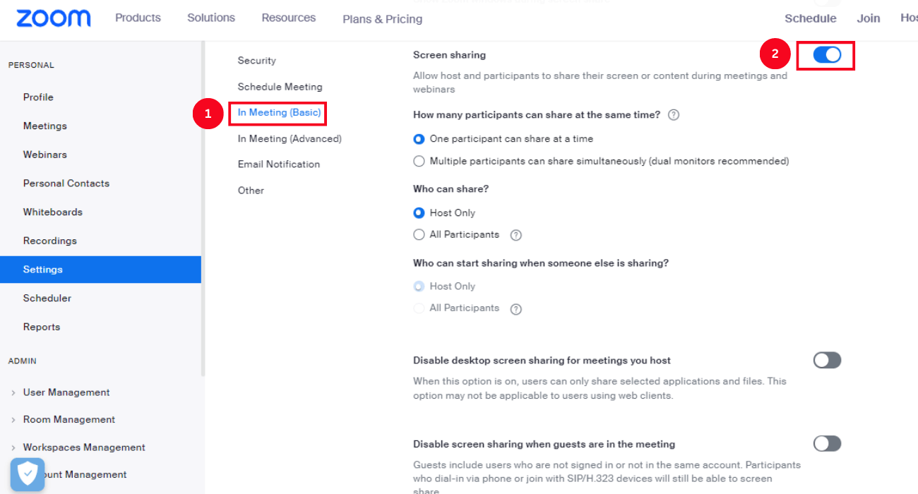 locate screen sharing option under in meeting basic