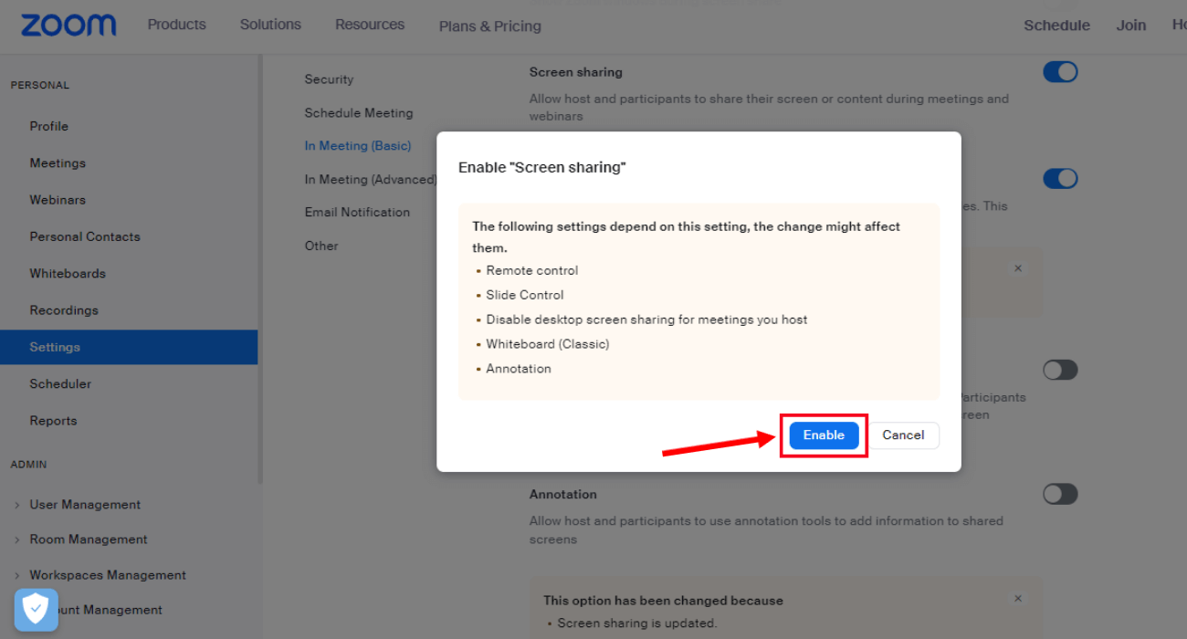 select enable to verify the change