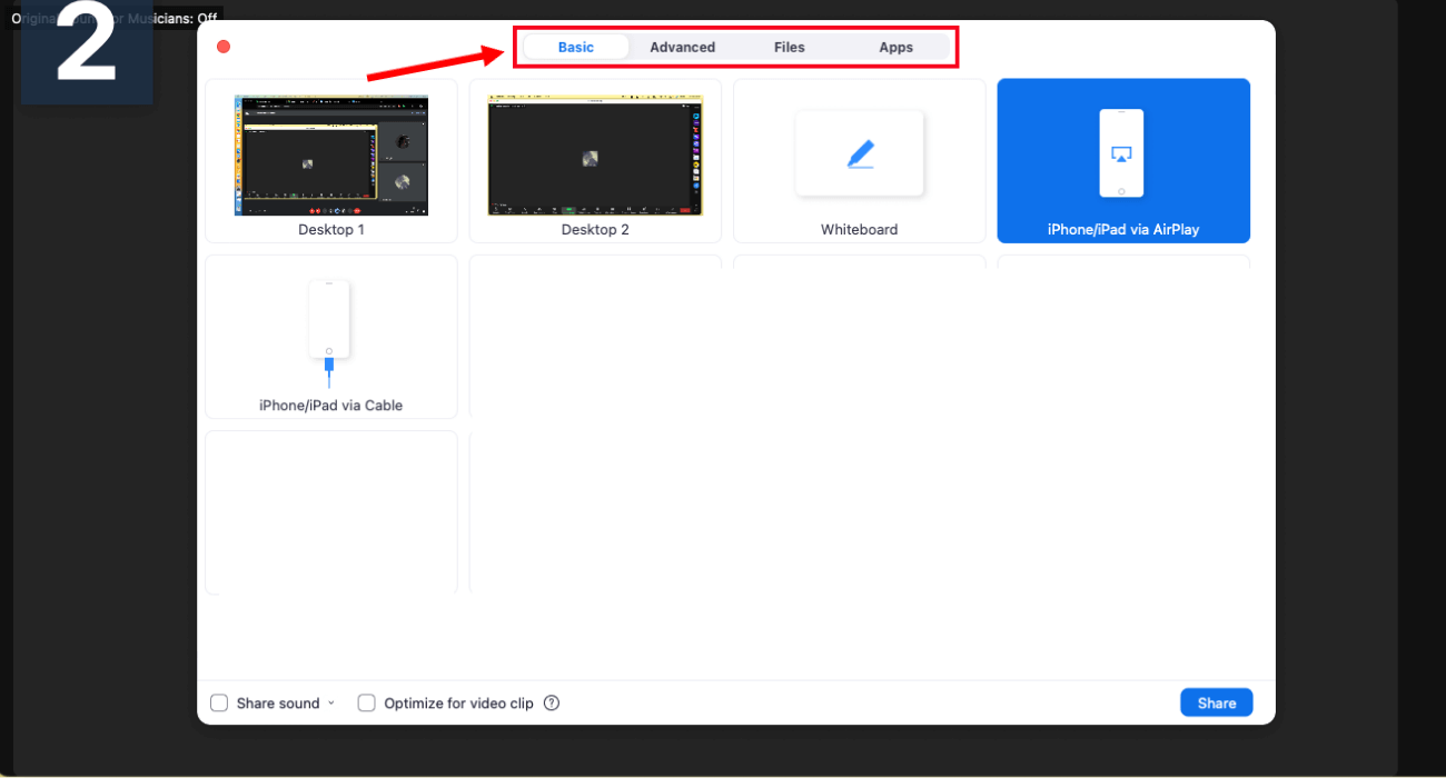 click share screen to view different options