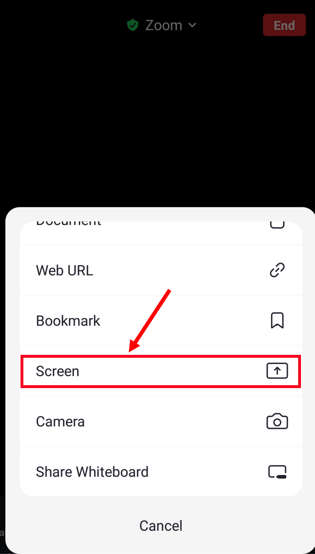 tap the screen share option in meeting control