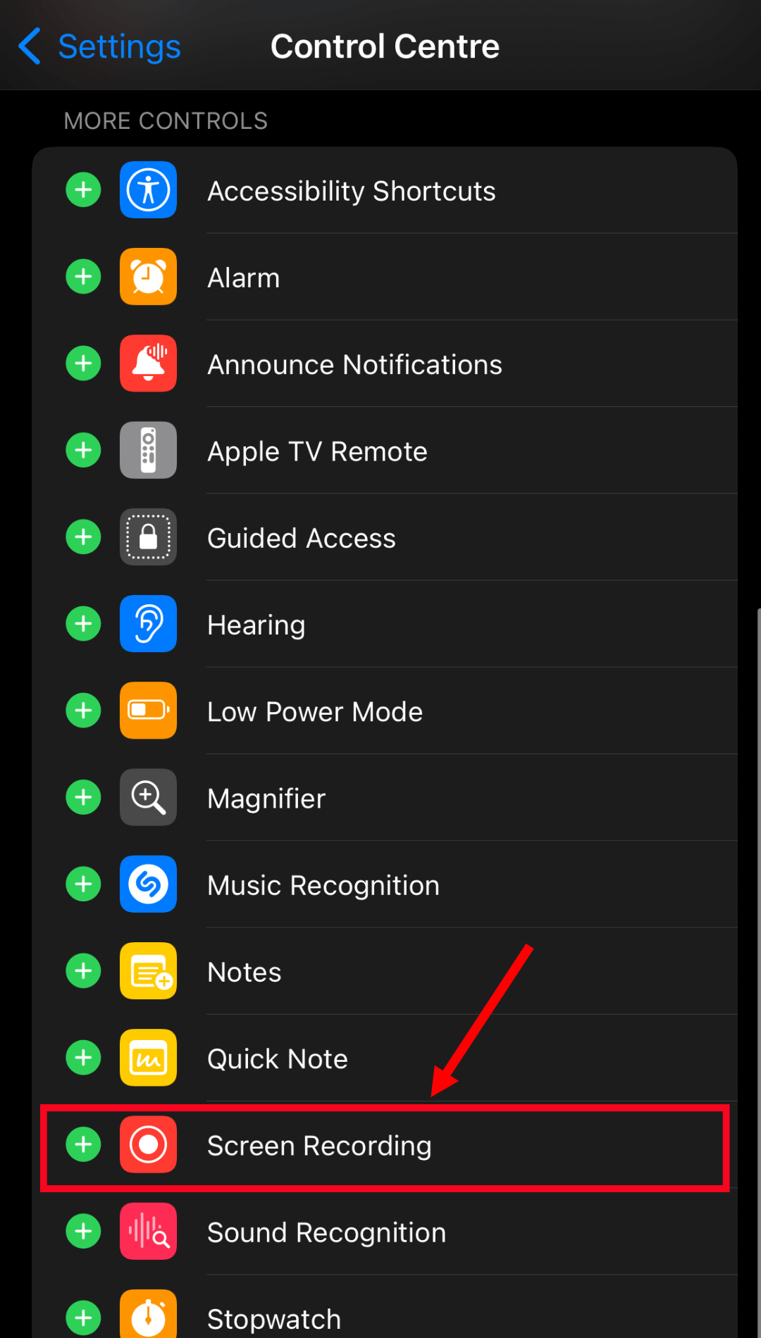 select small green plus sign next to screen recording