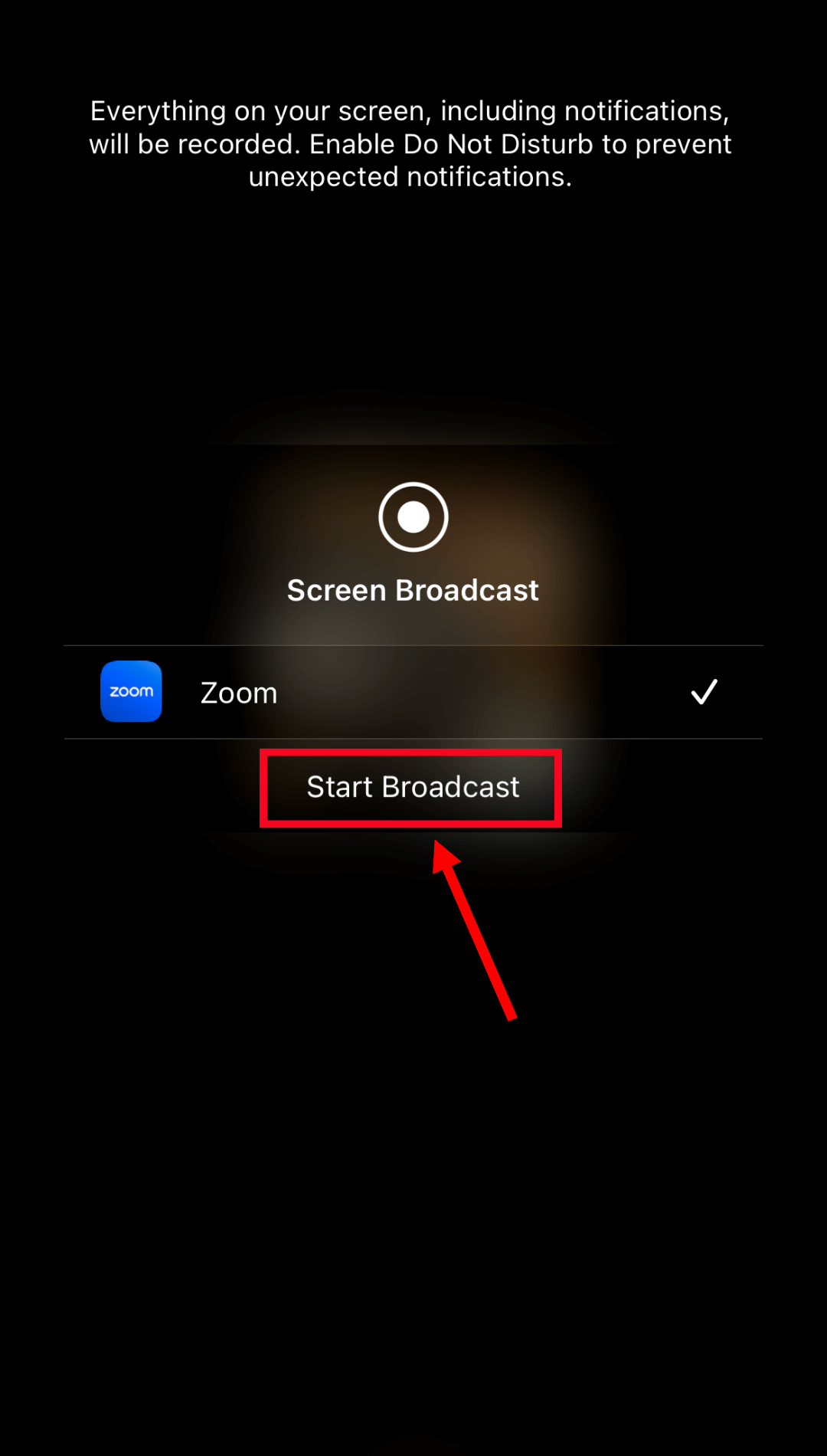 select start broadcast to share screen