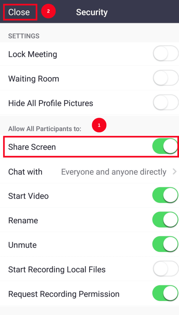 enable the share screen and click close