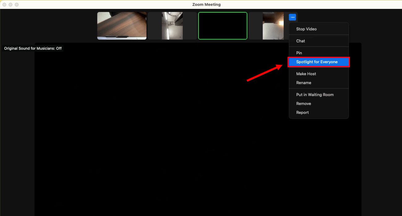 click three dots next to participant name and select spotlight for everyone
