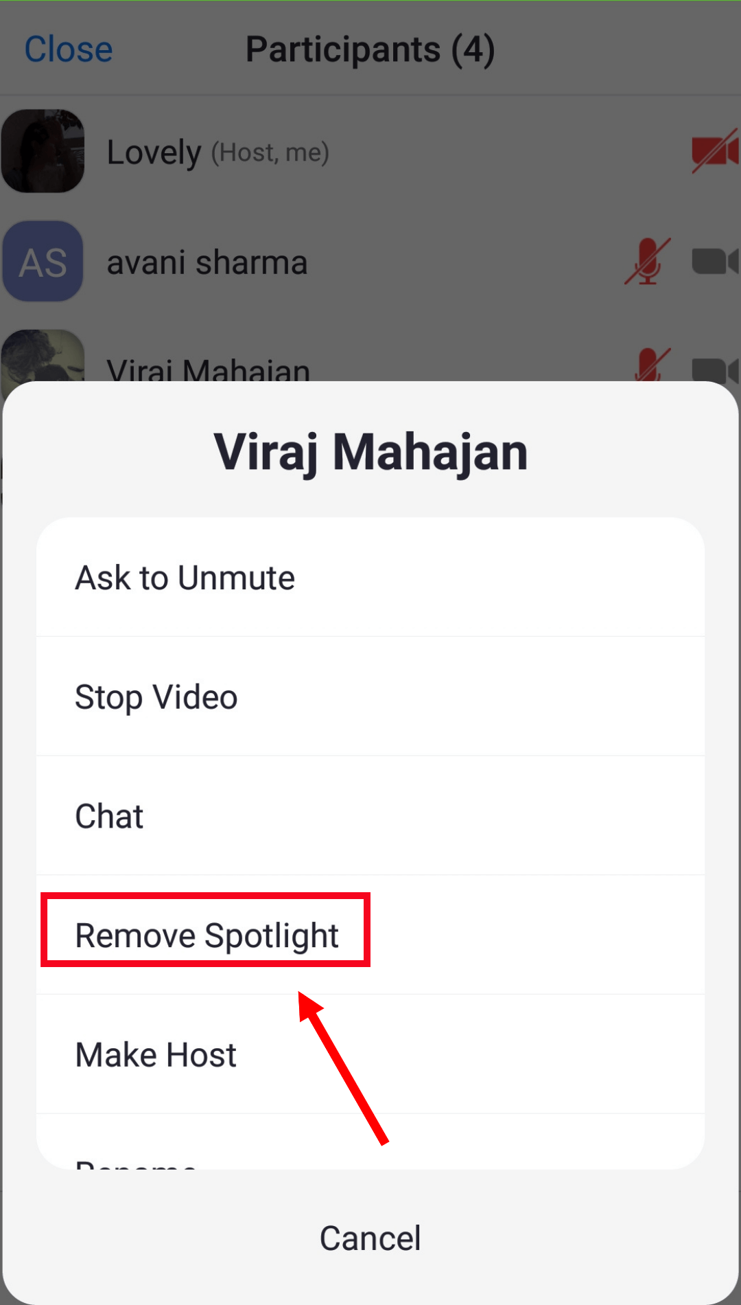 select remove spotlight to remove participant from spotlight