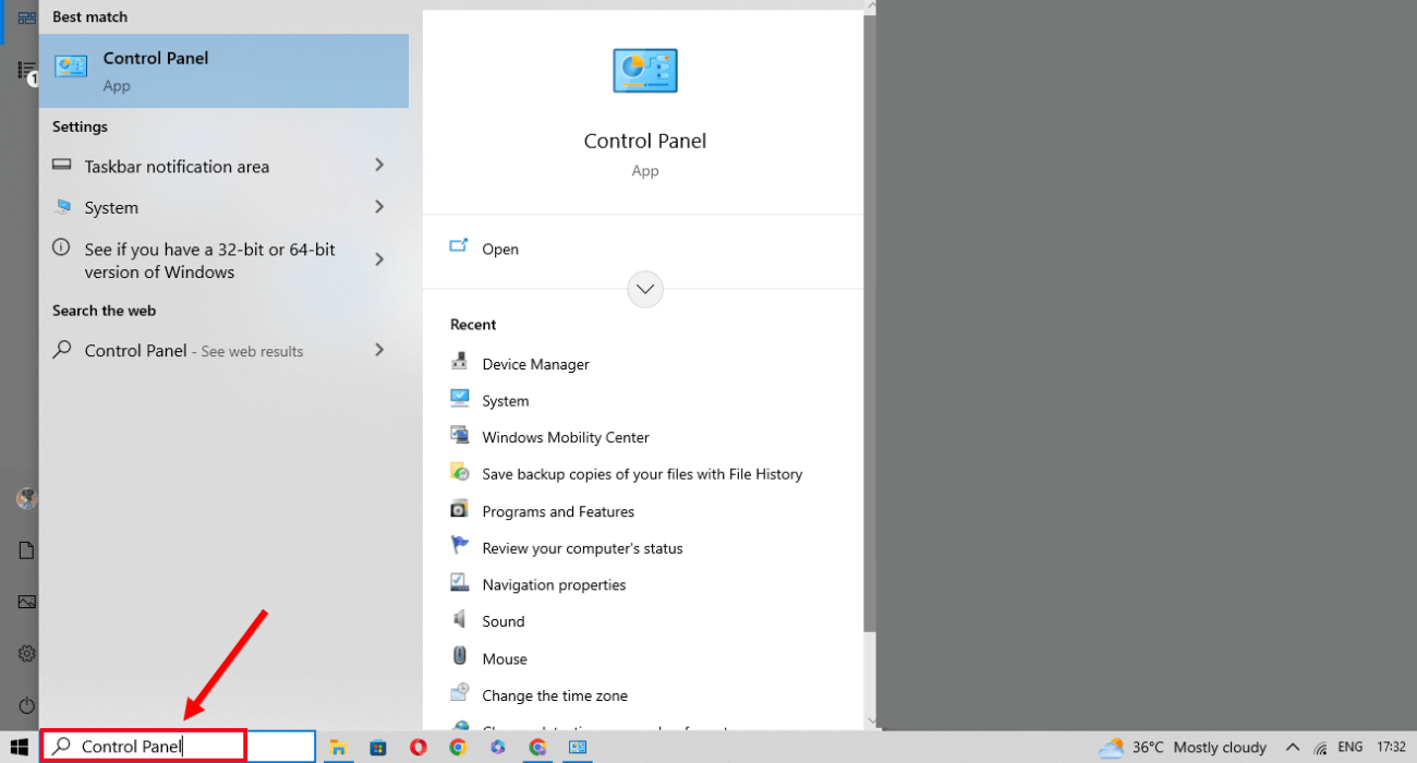 type control panel in the search bar of windows