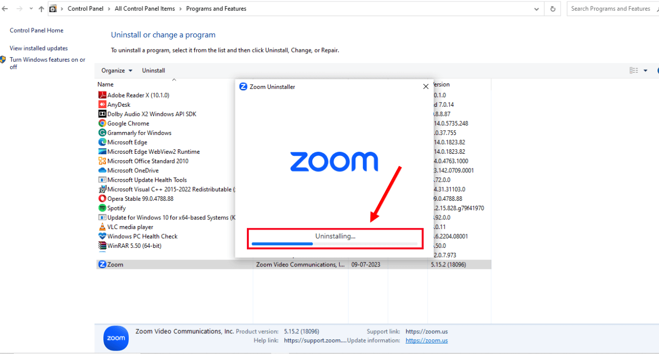 Zoom uninstallation process will begin