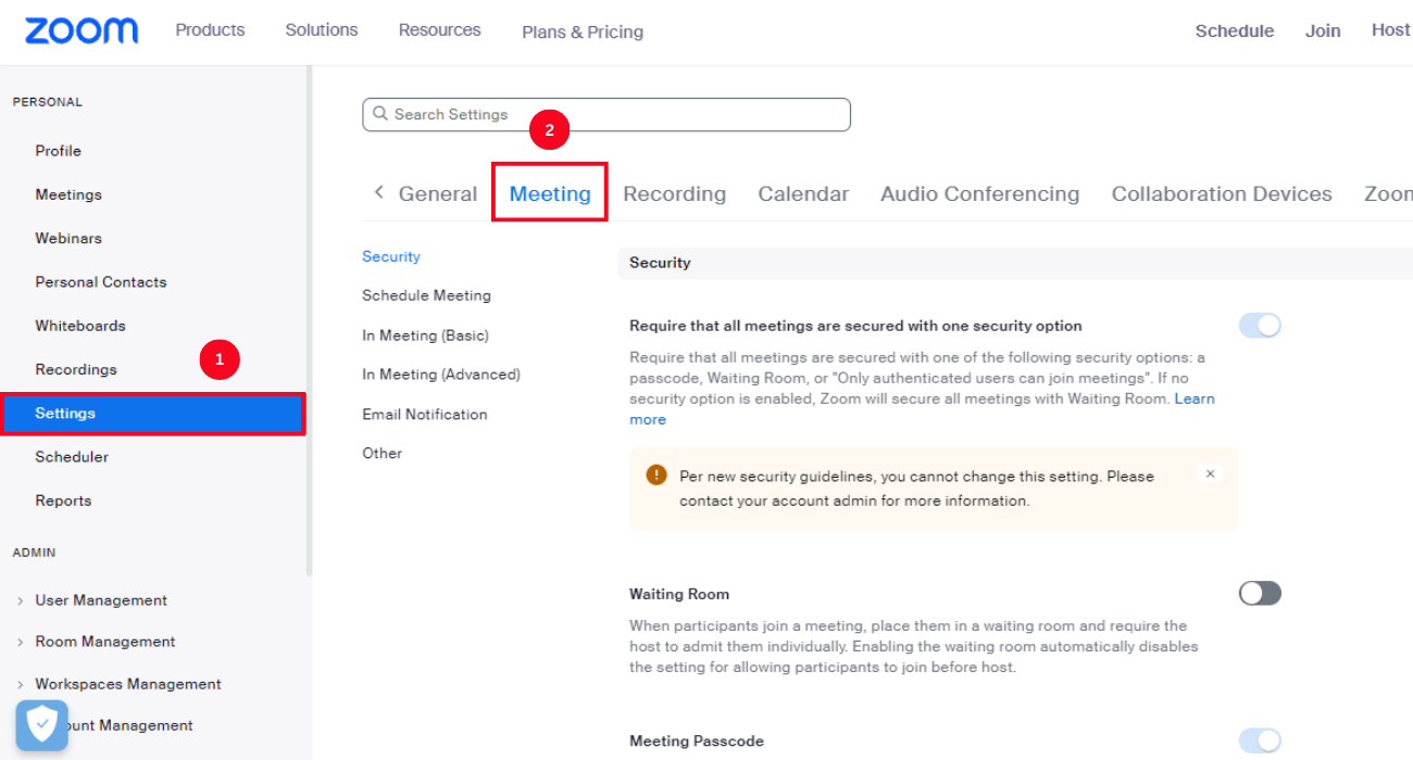 select settings in Zoom web portal and click meeting