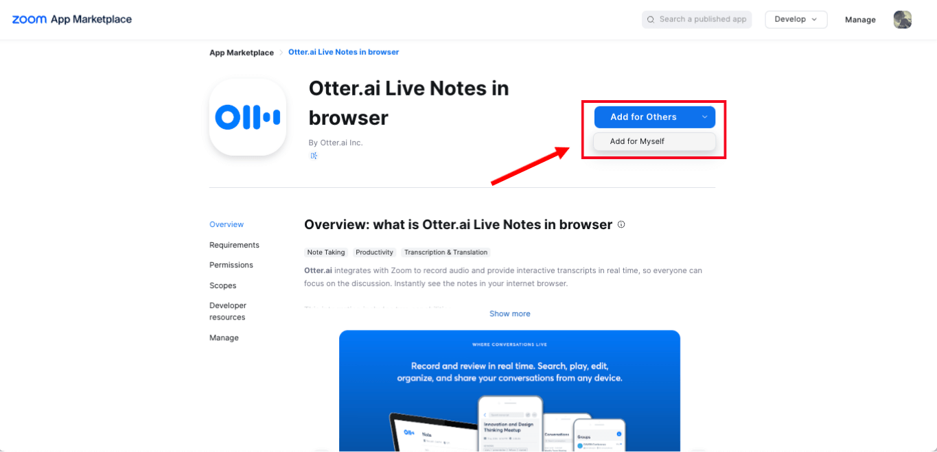 Add Otter.ai Live Notes in browser from the Zoom marketplace