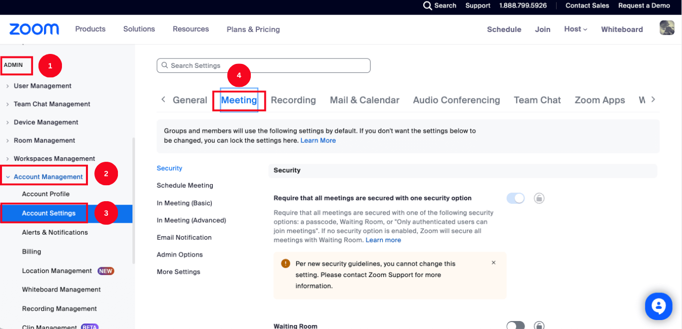 Select Admin, Account Management, Account Settings, and then Meeting tab