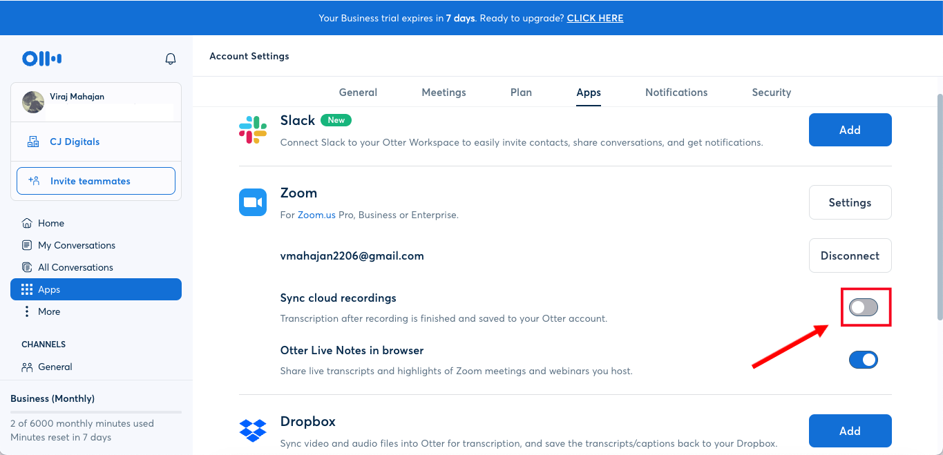 Enable the toggle next to Sync cloud recordings