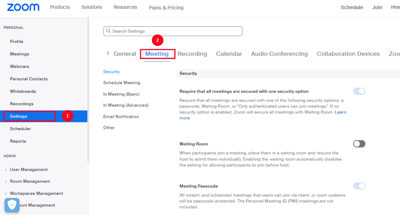 select settings and meeting tab in Zoom web portal