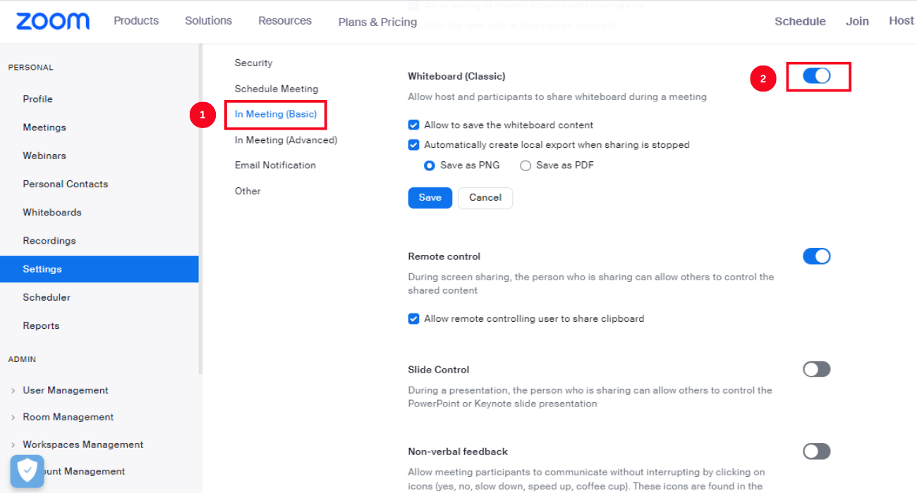 click in meeting basic and click toggle next to whiteboard