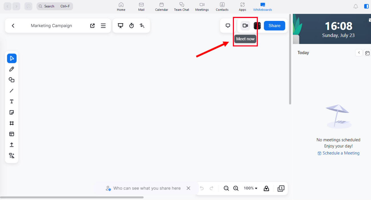 click the video icon to open whiteboard in Zoom meeting
