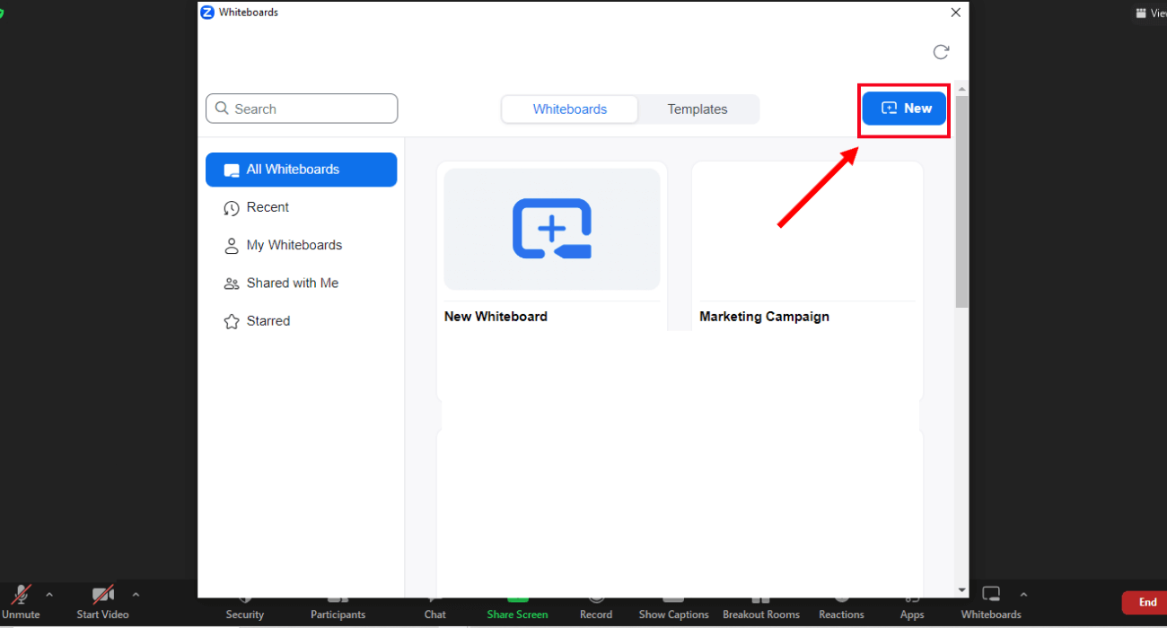 select new to create a new whiteboard