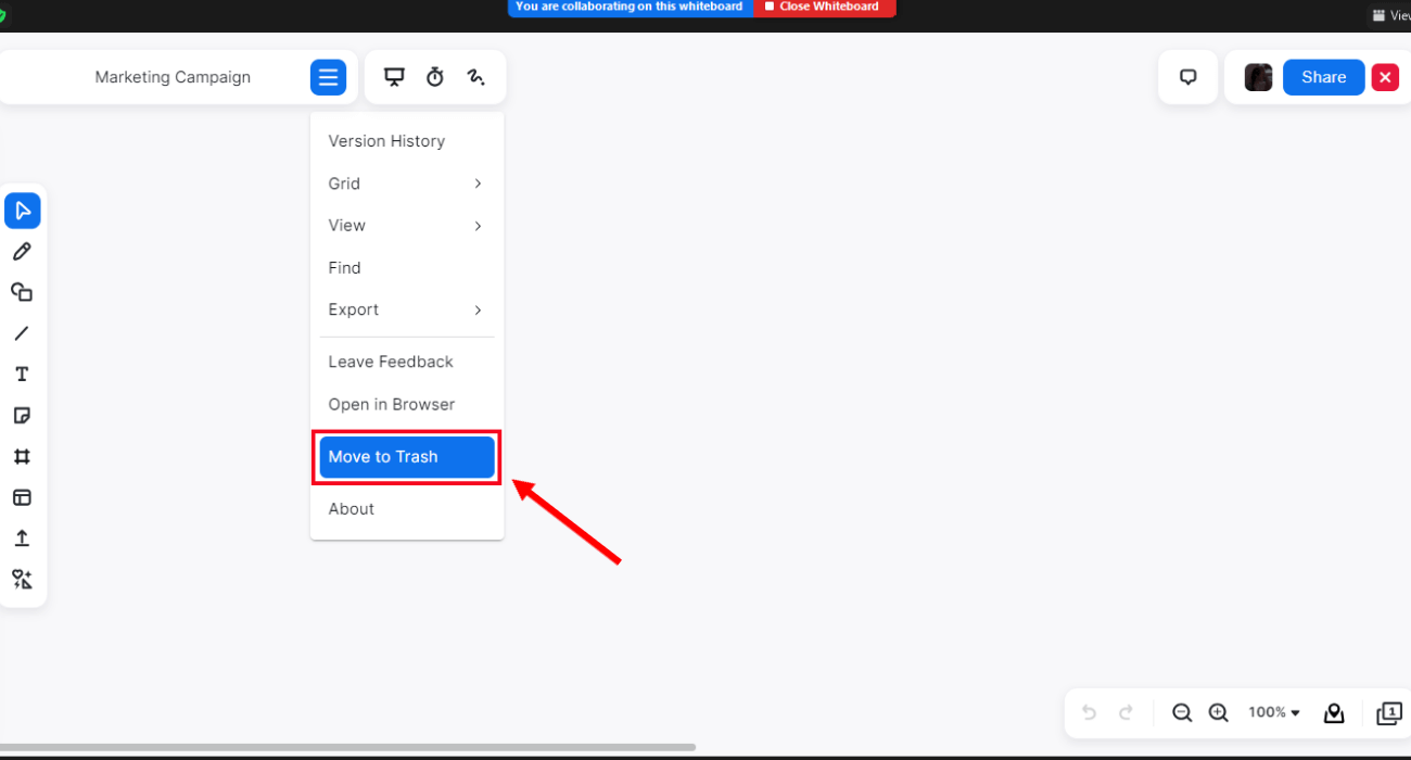 select move to trash to delete the whiteboard