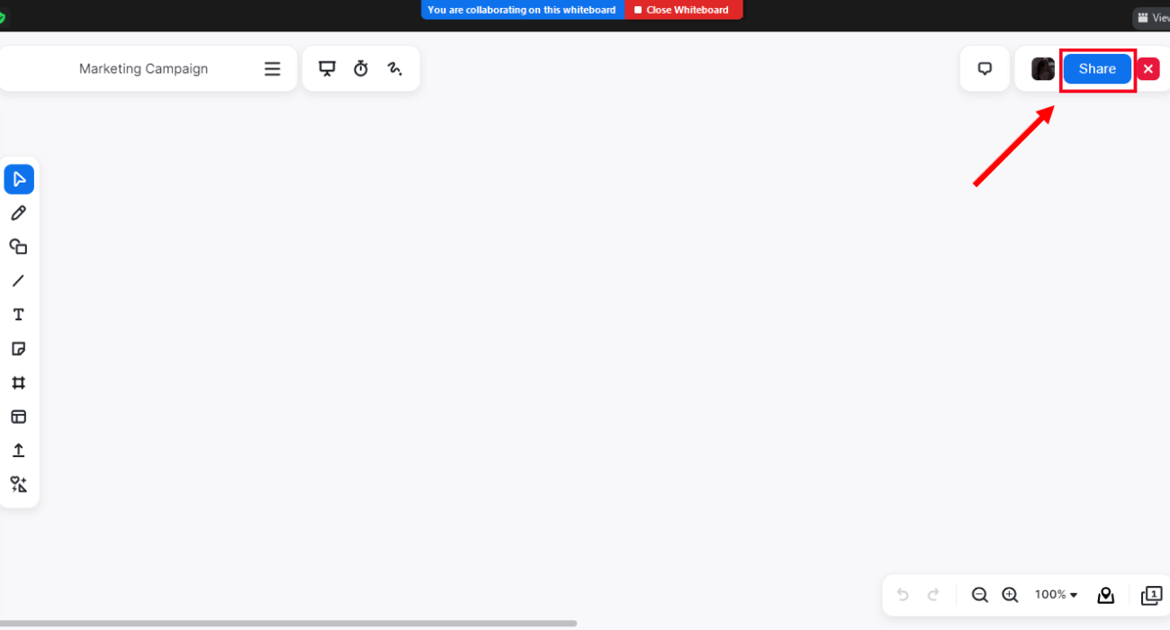 go to zoom whiteboard and select share