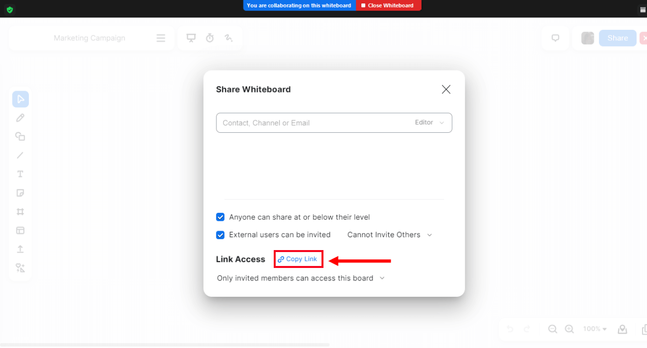 select copy link and paste it to share the whiteboard access