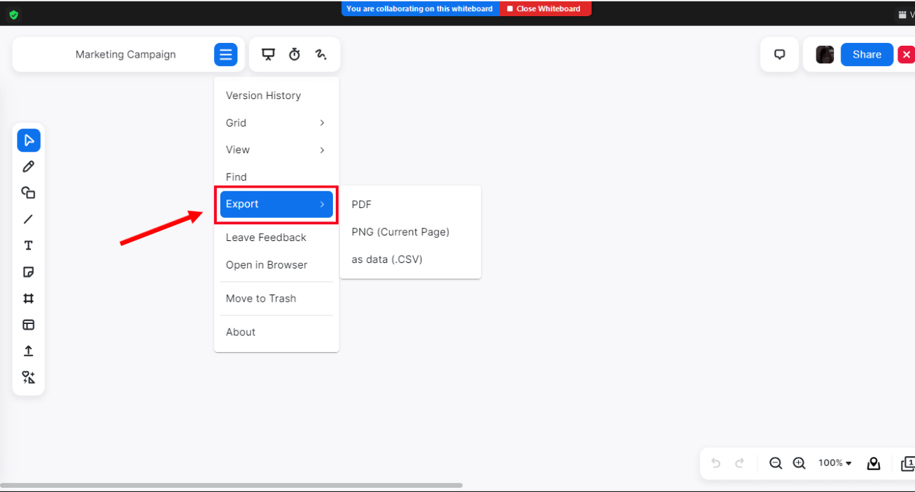 click export to view the options to save whiteboard