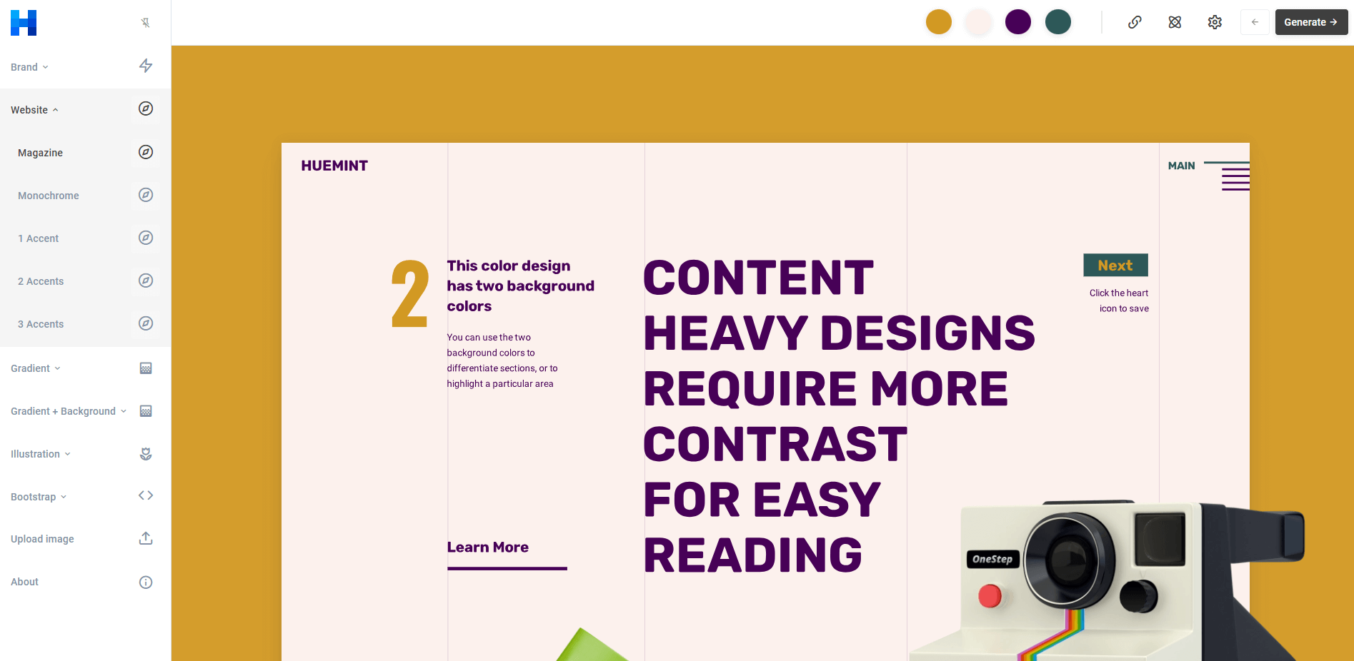 Huemint’s website mockup using an AI-generated color palette
