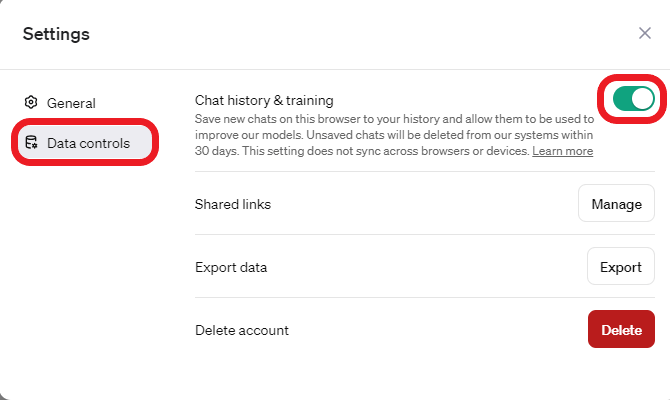 ChatGPT turn off history settings