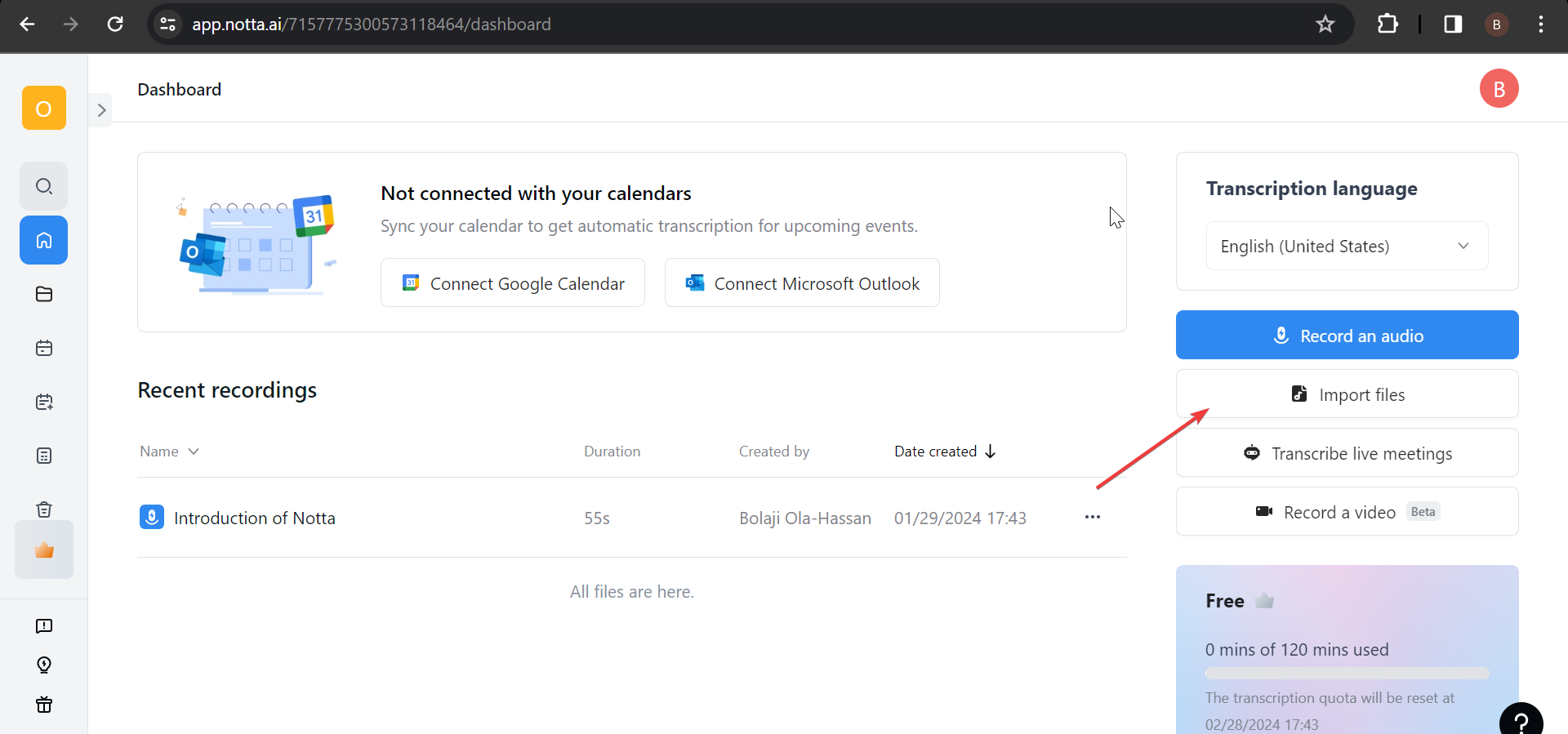 import files dashboard timestamp