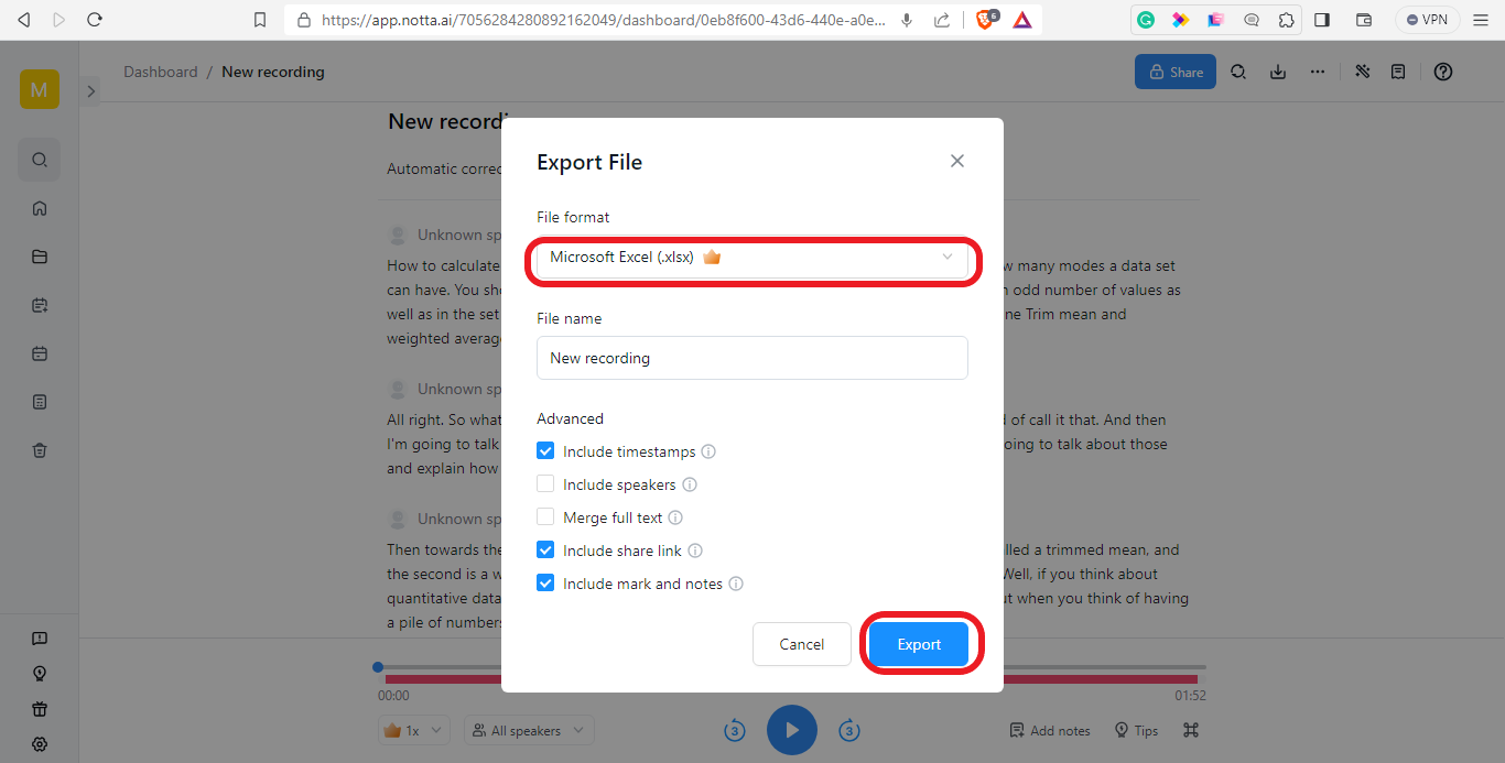 notta export file