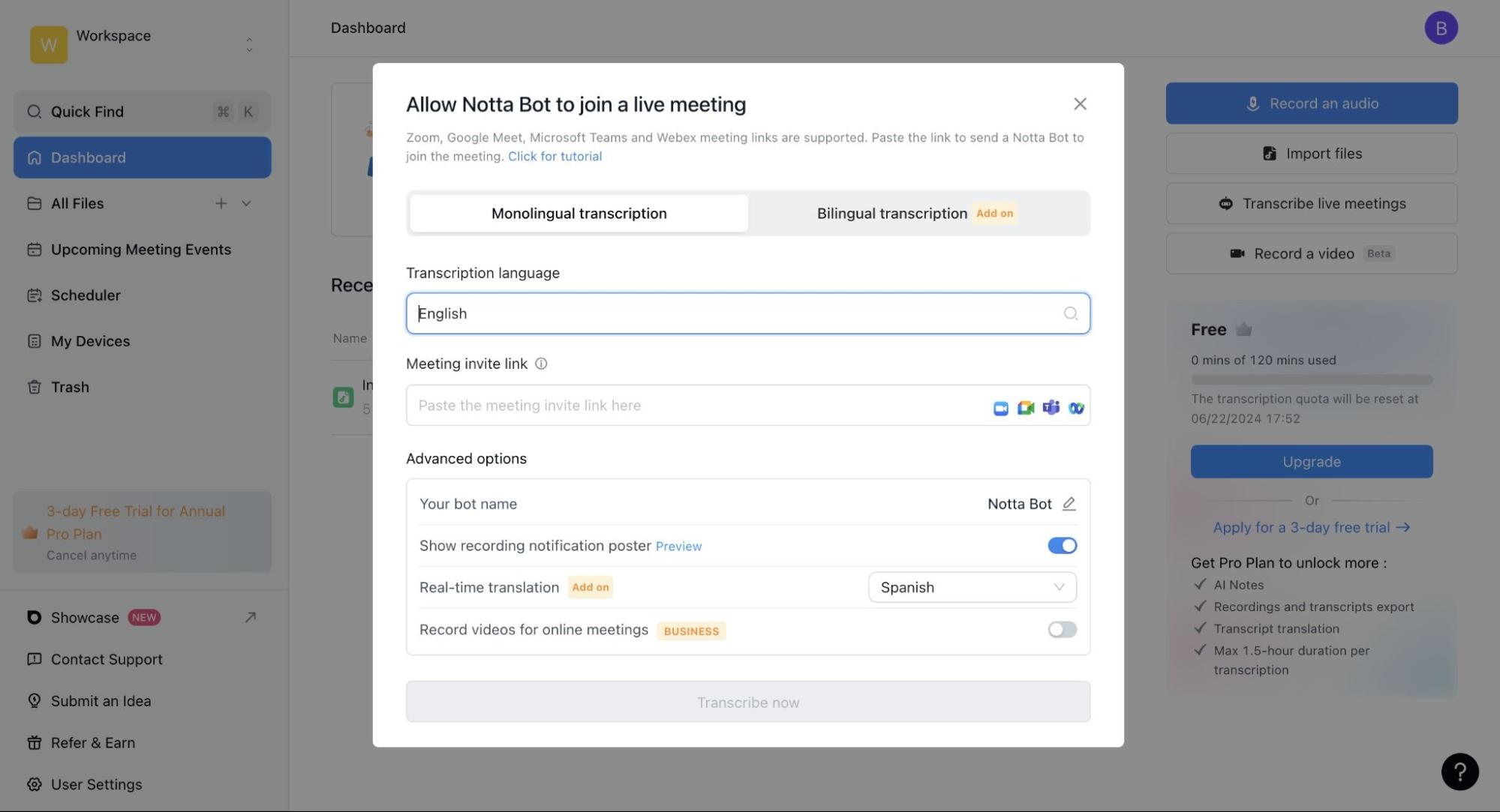 Screenshot of Notta interview transcription software dashboard