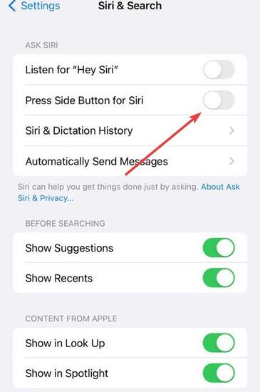Toggle the switch for ‘Press Side Button for Siri’