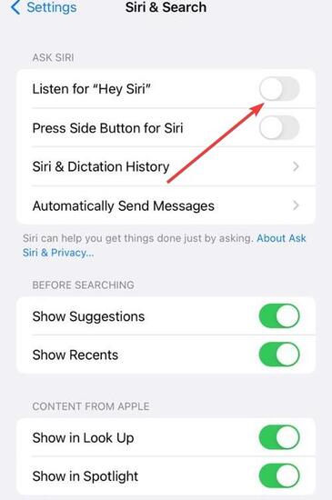 toggle the switch for the Listen for “Hey Siri”
