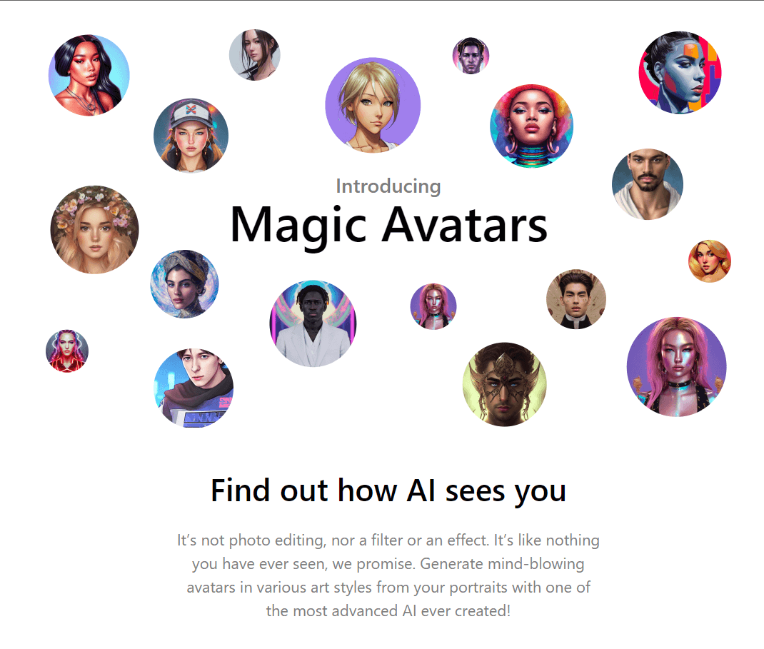 Lensa’s Magic Avatars homepage with examples of avatar designs