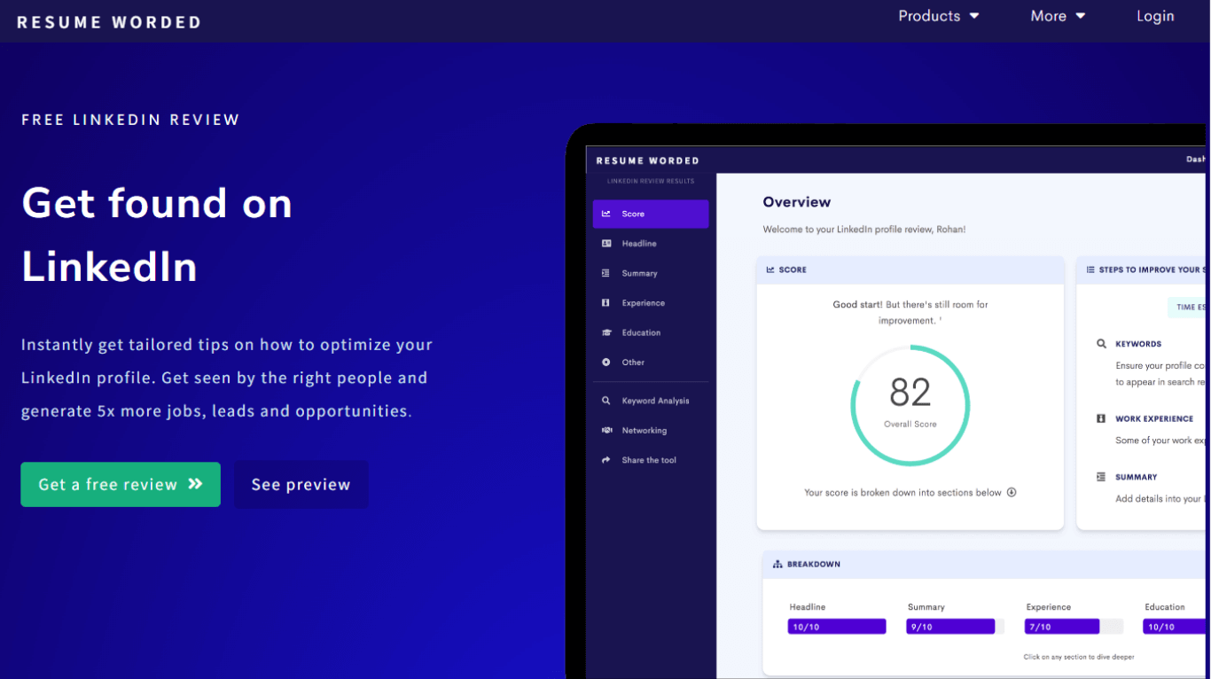 ResumeWorded LinkedIn profile review tool
