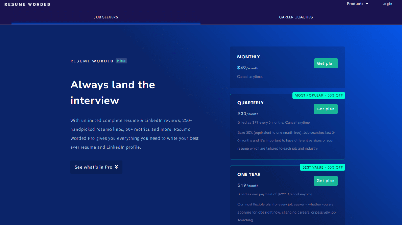 ResumeWorded Pro pricing and plans