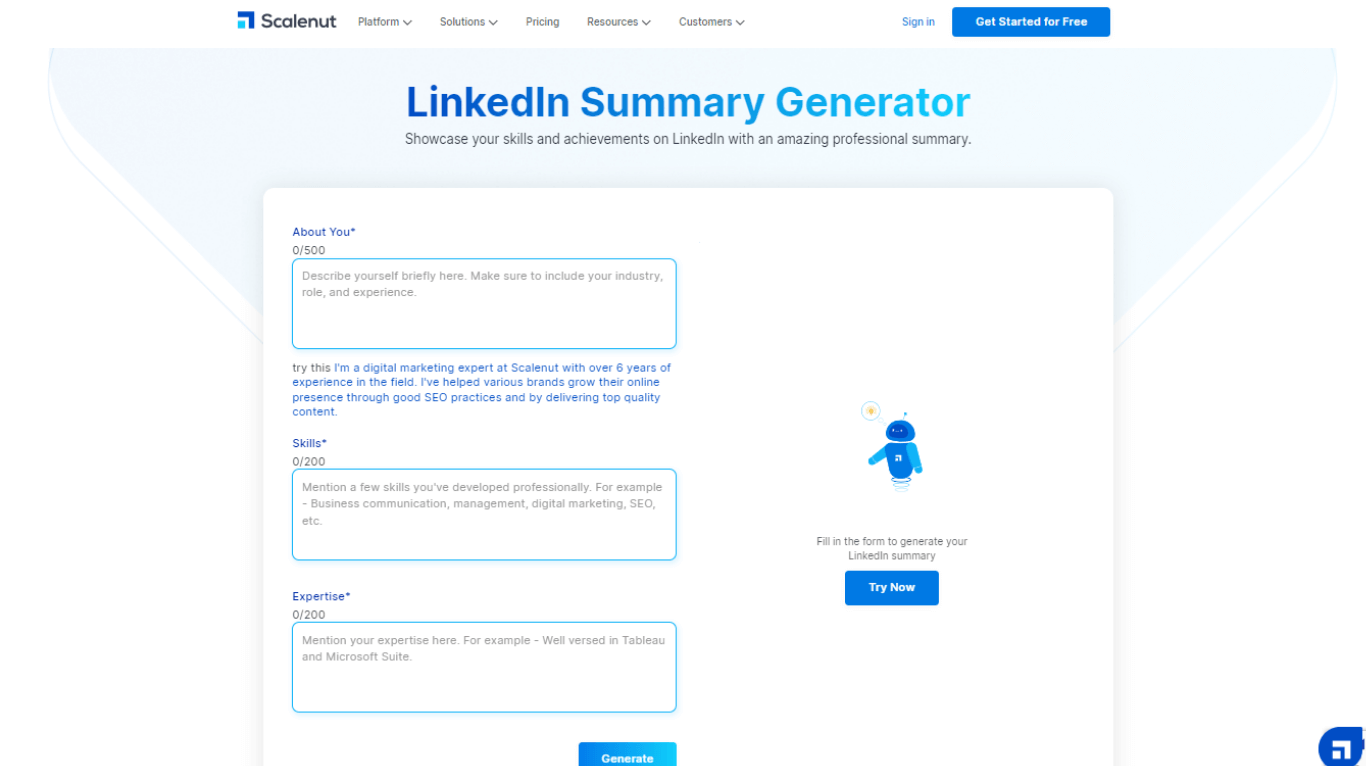 Scalenut LinkedIn summary generator