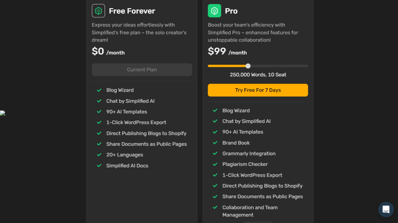 Simplified pricing and plans