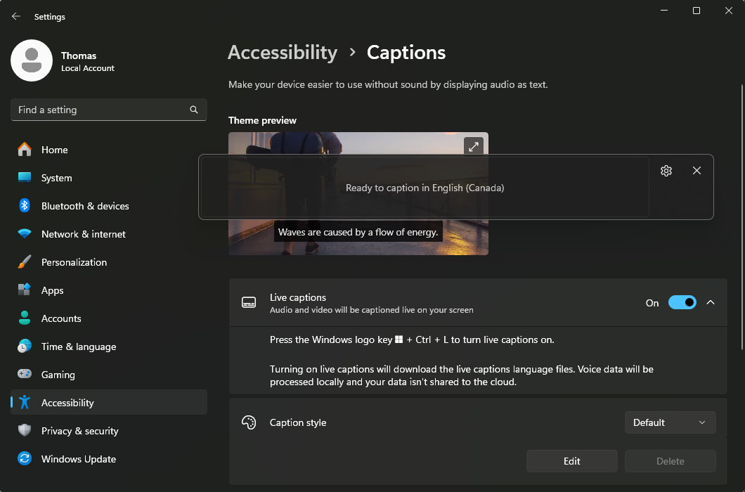 Windows 11 Live Caption