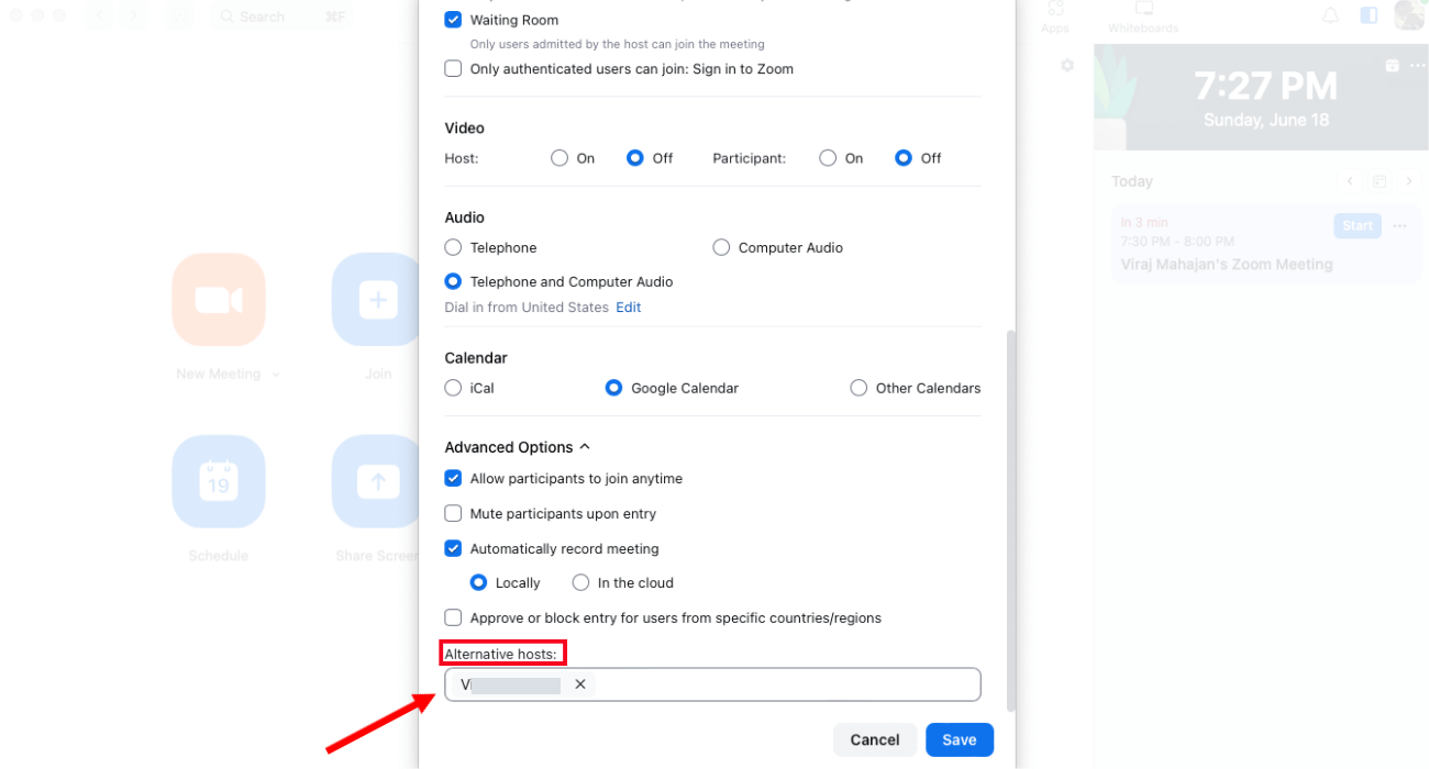 locate alternative hosts field and enter email